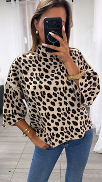 Stylischer Leo Pullover mit Stehkragen / beige - schwarz - braun Art.16331