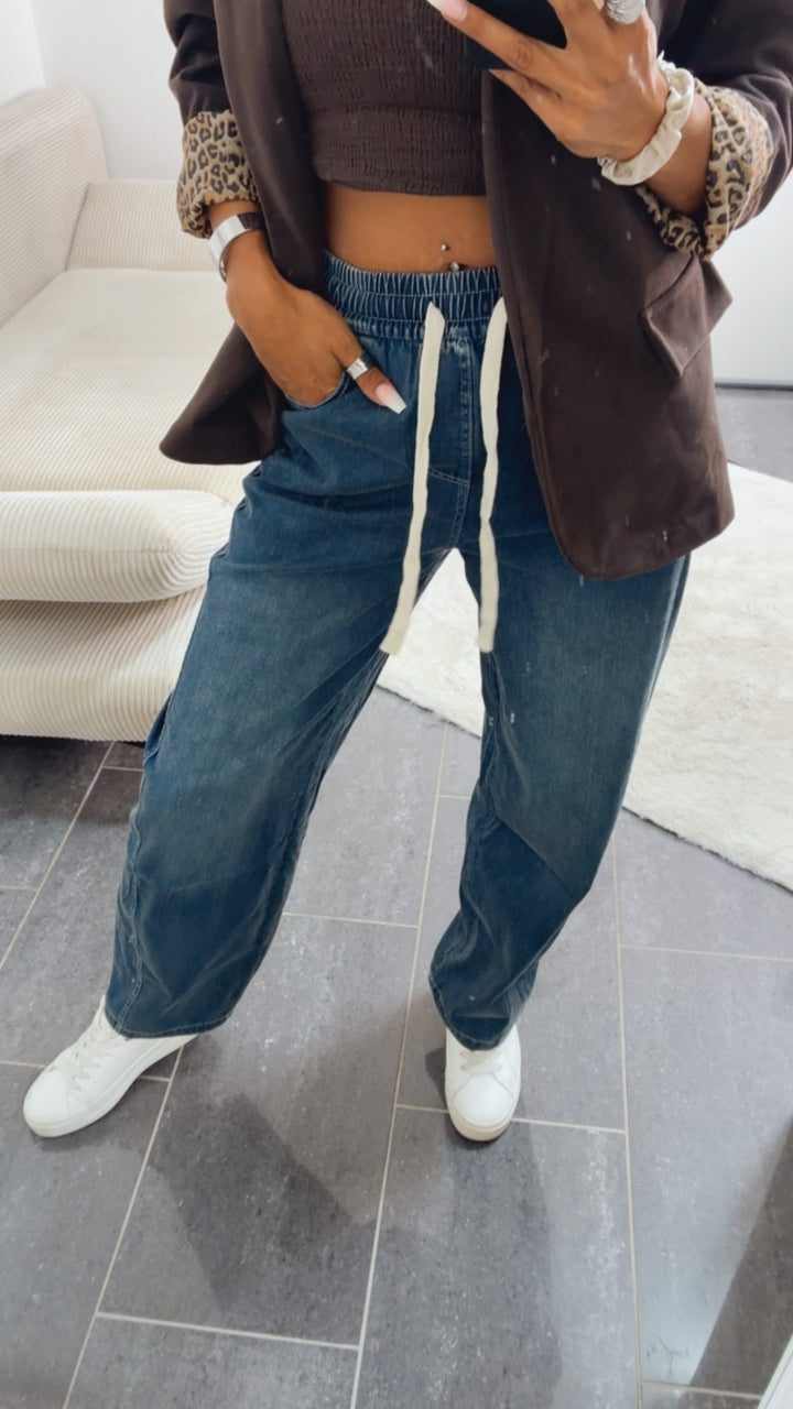 Casual Denim Look  Hose, Tunnelzug " 9985 " / DUNKEL denim blau Art. 16106