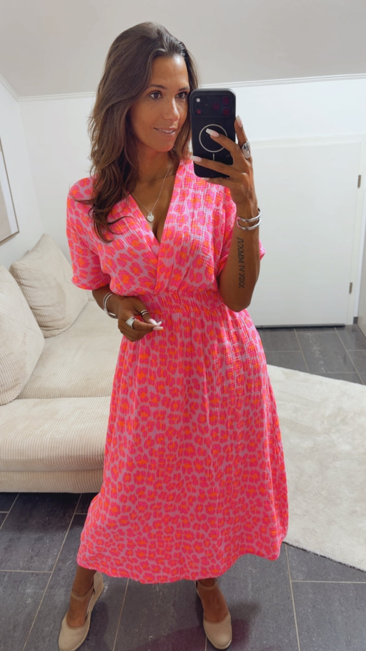 LEO Musselin Midi Sommerkleid, geraffte Taille / rosa - Neon pink - Neon orange Art. 15446