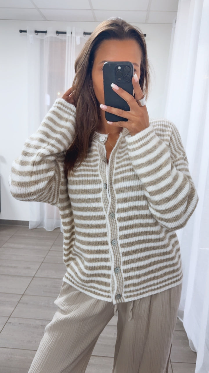 DÜNNE STREIFEN Cardigan mit Perlmutt - Knöpfen / beige - weiss Art. 14367