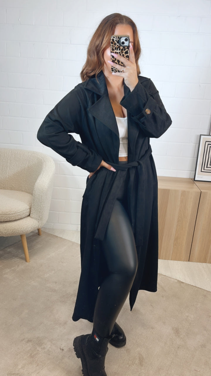 VELOURS langer Trenchcoat Mantel zum SCHNÜREN / schwarz Art. 12608