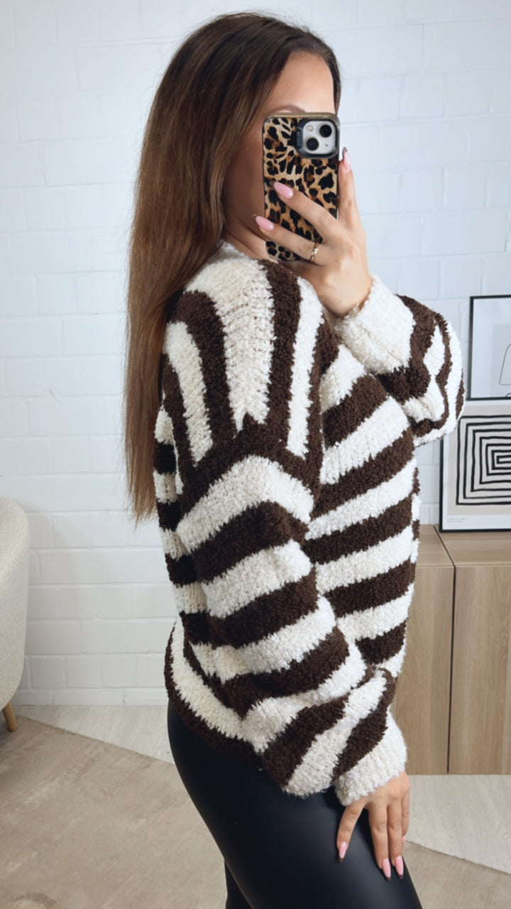 TEDDY STREIFEN Cardigan mit Perlmutt Knöpfen / weiss - Schoko braun Art. 13014