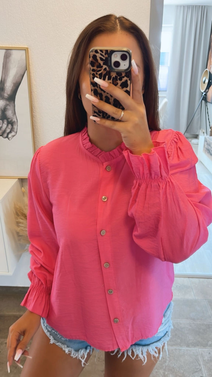 schmale Bluse mit Volant Ausschnitt / pink Art. 10788