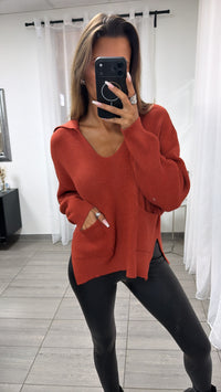Strick Pullover mit tiefem Ausschnitt und Kragen / rost Art.16381
