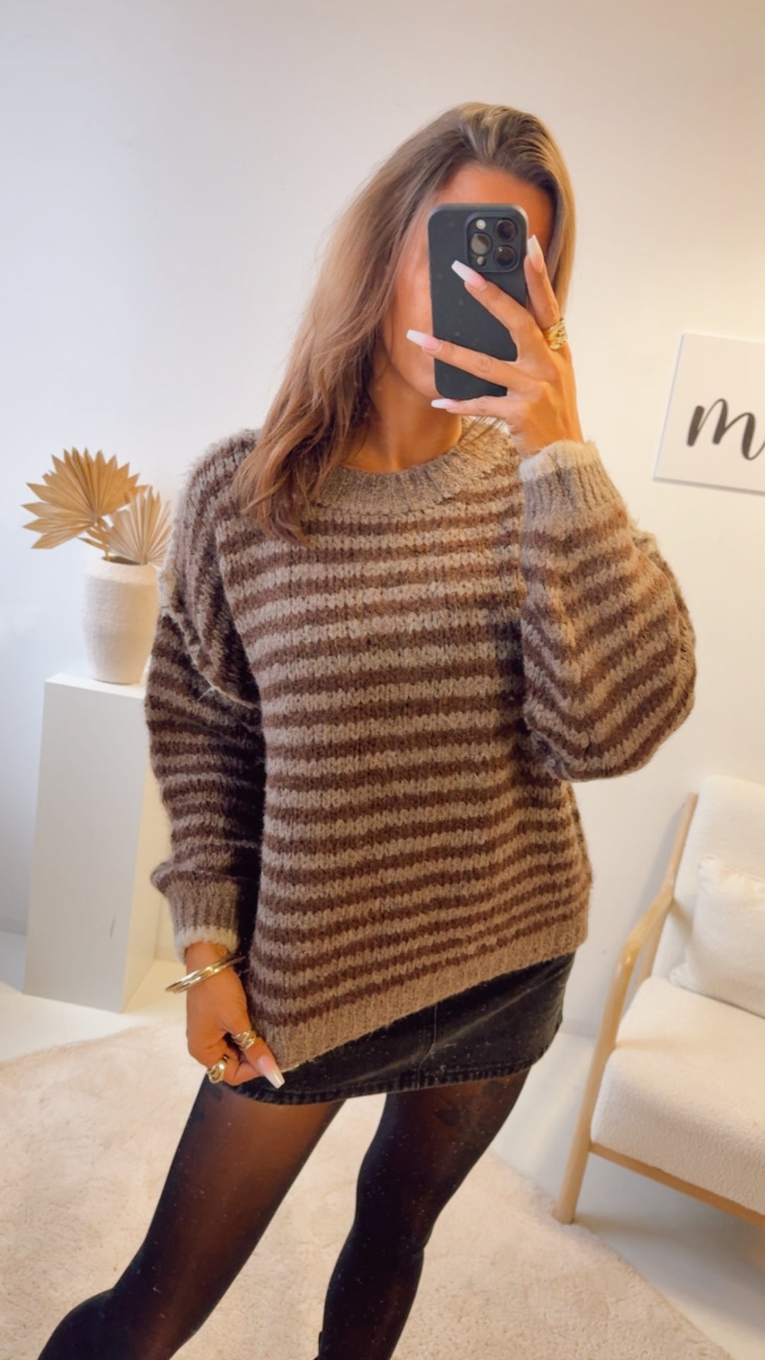 kurzer Kuschel Pullover, gestreift / braun meliert - Schoko braun Art. 12757 KHX