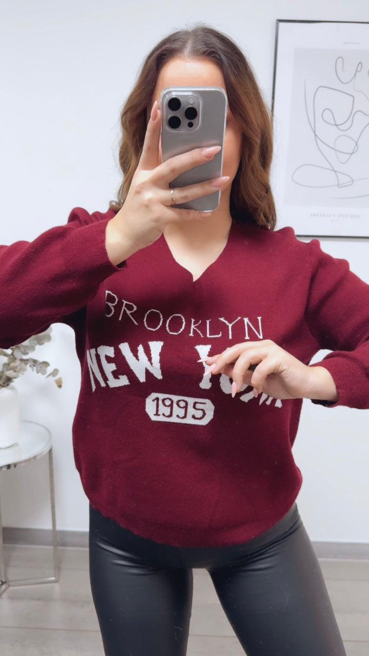 weicher Strick Pullover " New York " / bordeaux rot - weiss Art. 13146