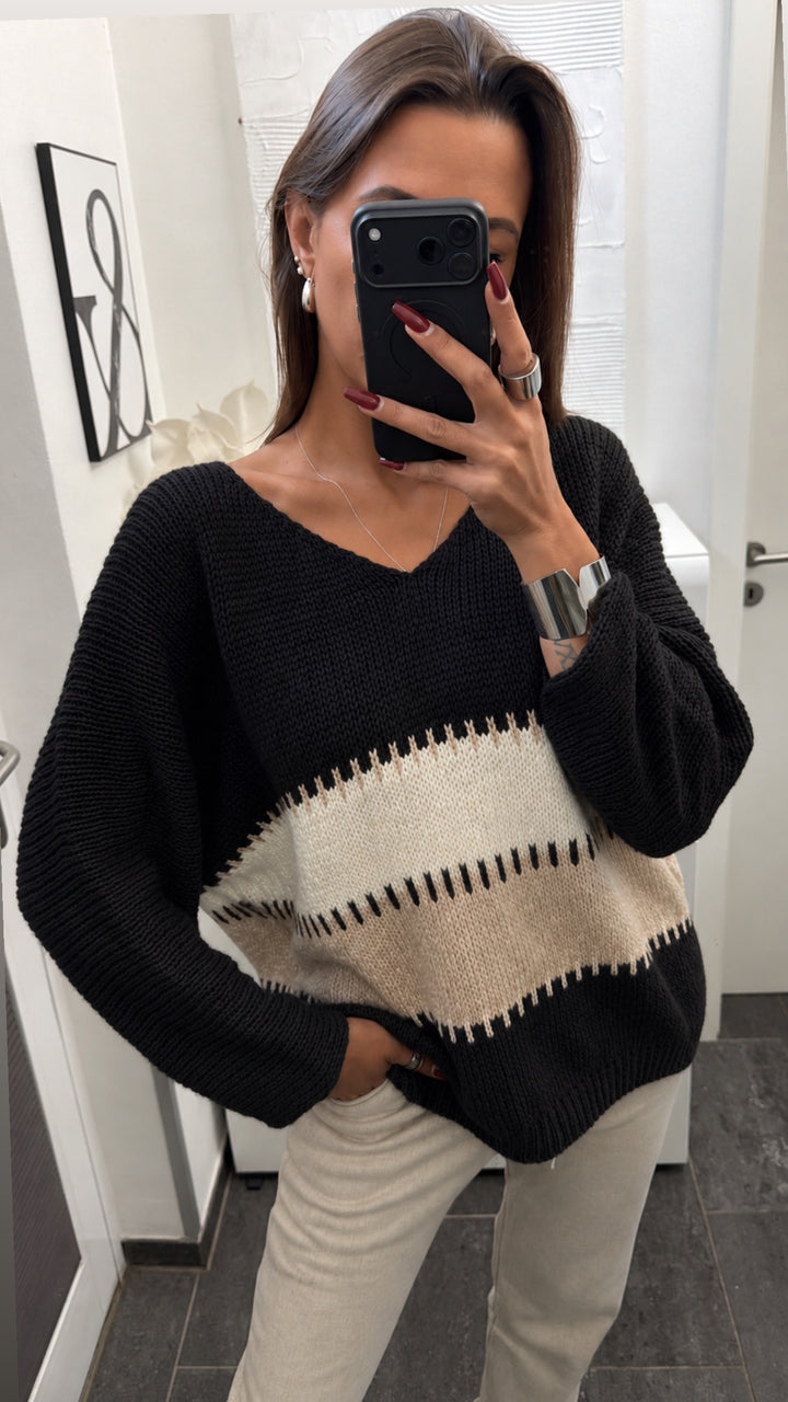 Wollfreier Blockstreifen Pullover / schwarz - beige - creme Art.16562