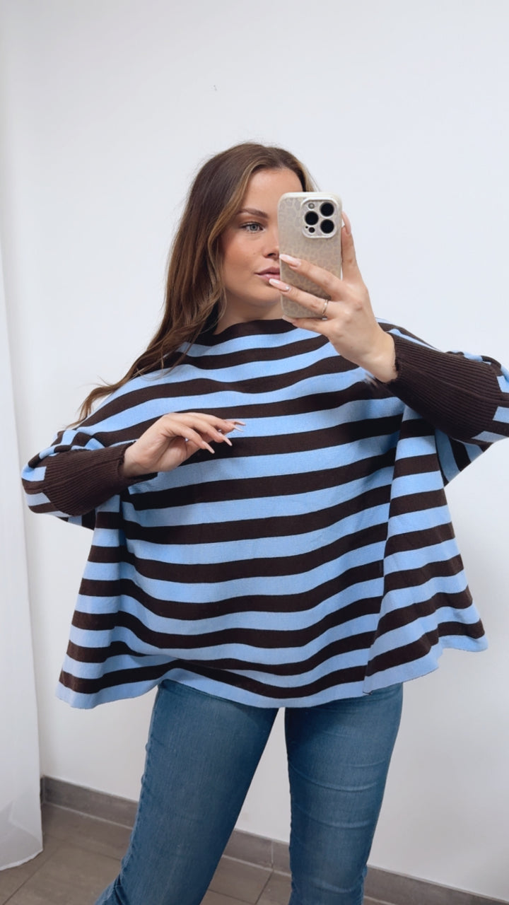 STREIFEN ultra weicher Pullover mit Fledermausärmeln / dunkel braun - hell blau Art. 14766