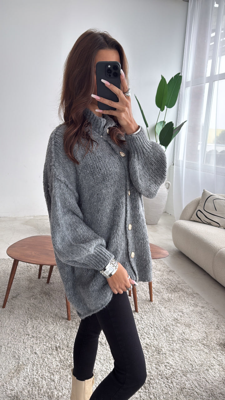 Kuschel Cardigan mit goldenen Knöpfen / dunkel grau Art. 7669