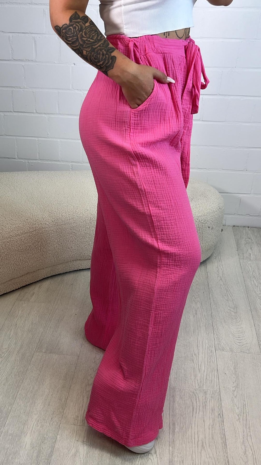 schlichte Musselin Hose, Tunnelzug mit Musselinband / pink Art. 10569