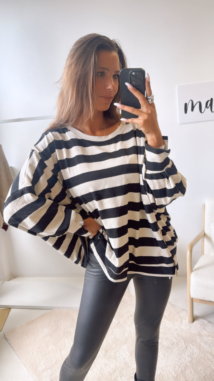 STREIFEN Sweater, Ziernähte / schwarz - beige Art.122324