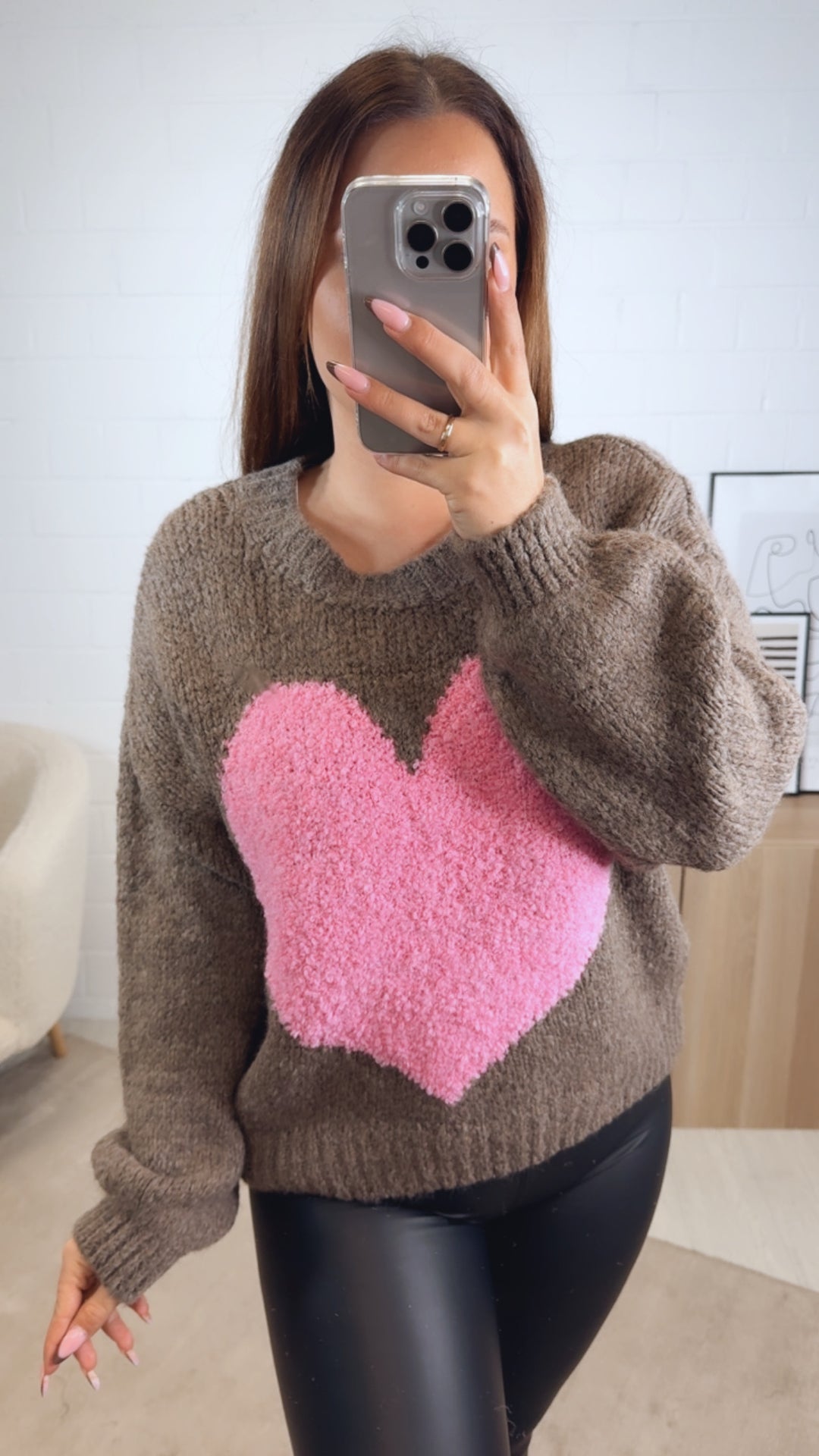 Strick Pullover mit Teddy Herz / braun meliert - pink Art. 13084