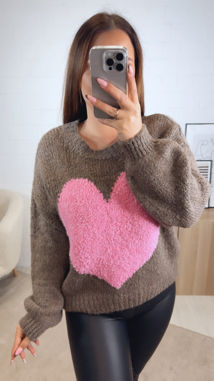 Strick Pullover mit Teddy Herz / braun meliert - pink Art. 13084
