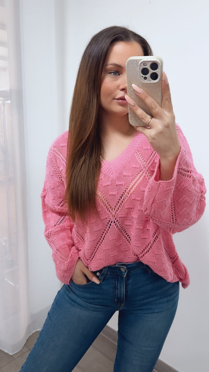 Lochmuster Pullover mit V-Ausschnitt / pink Art. 14485