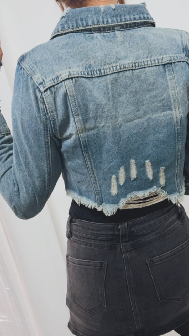 Crop Jeansjacke mit used - Elementen / mittel blau Art. 5744