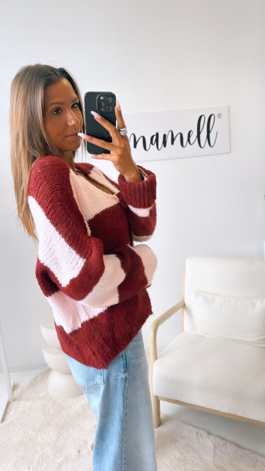 STREIFEN Strick Cardigan zum schnüren / soft rosa- Bordeaux rot  Art. 10821