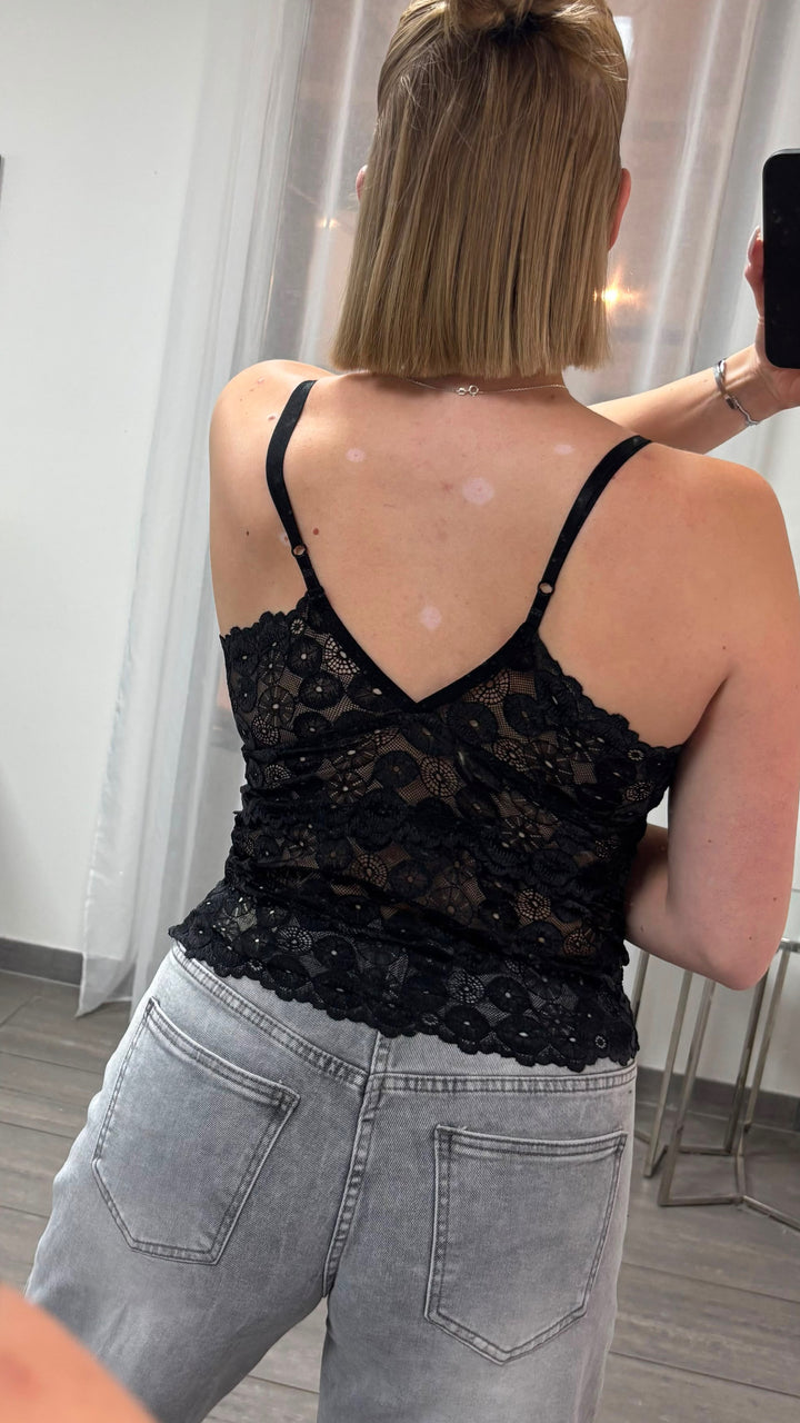 Elegantes, längeres Spitzen Top, florale Spitze / schwarz Art. 16039
