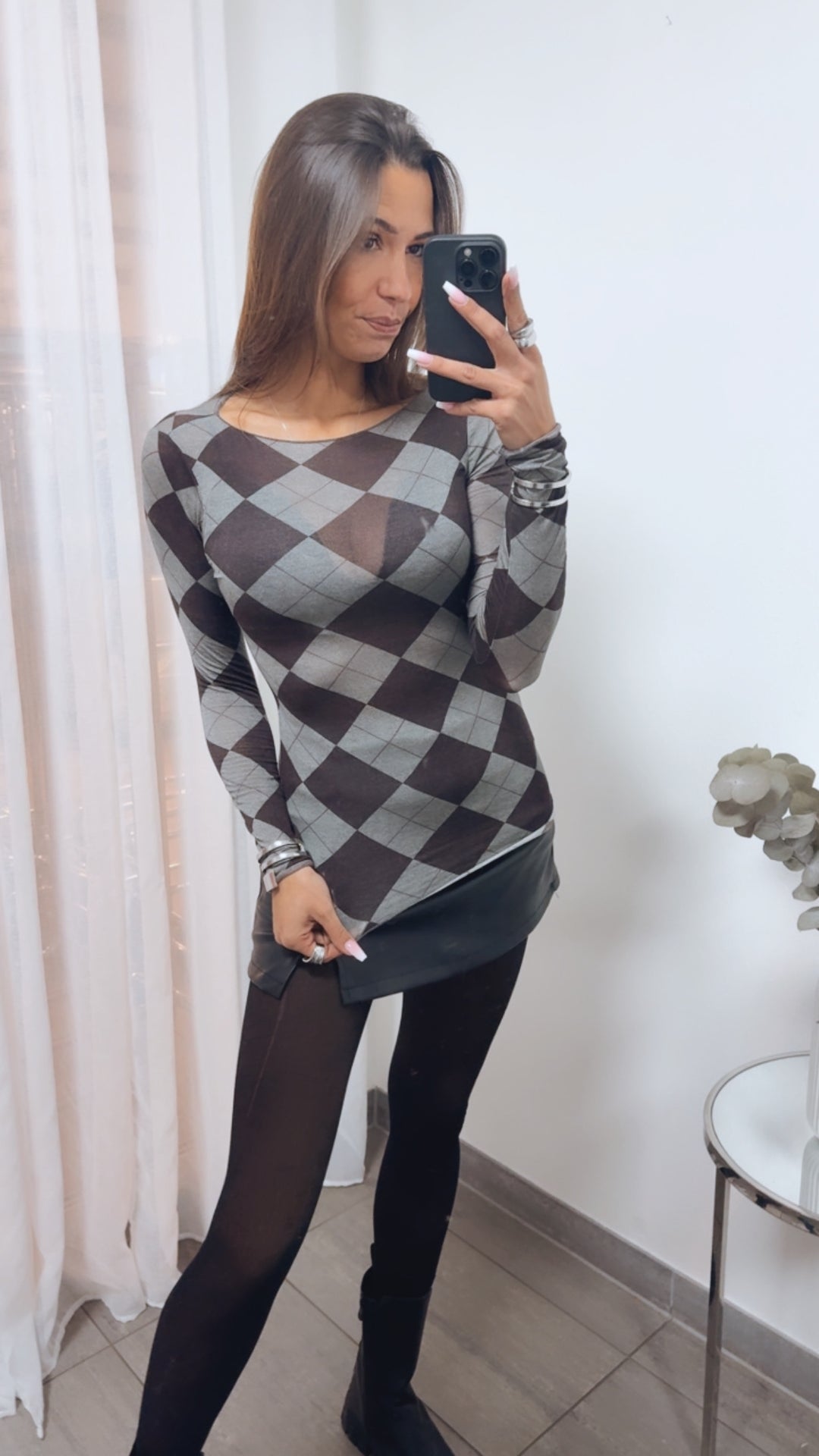 ARGYLE Transparentes Trend Oberteil / grau - dunkel braun - bordeaux rot Art. 13904