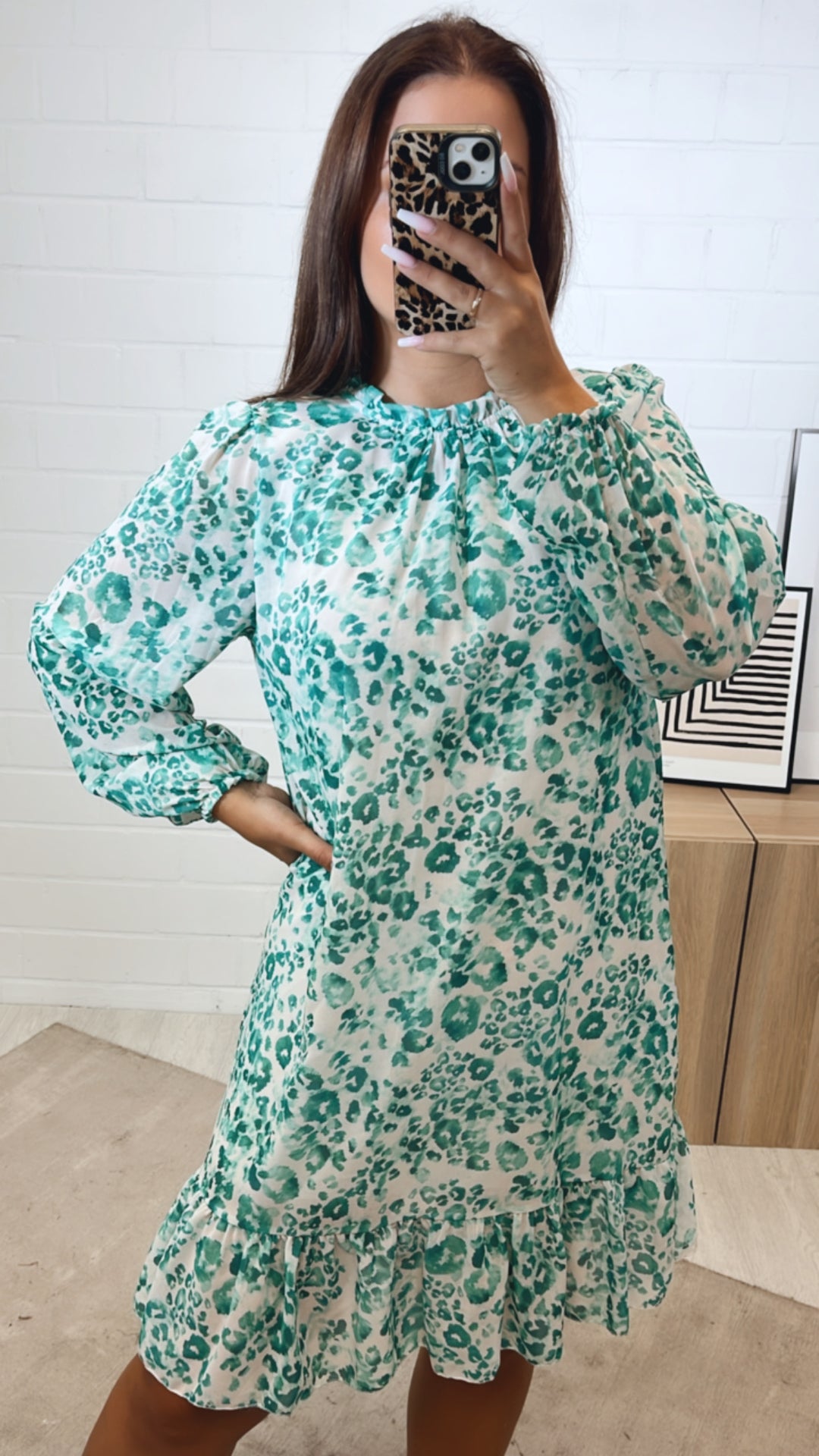leichtes LEO Kleid mit Unterstoff / creme - türkis Art. 11225