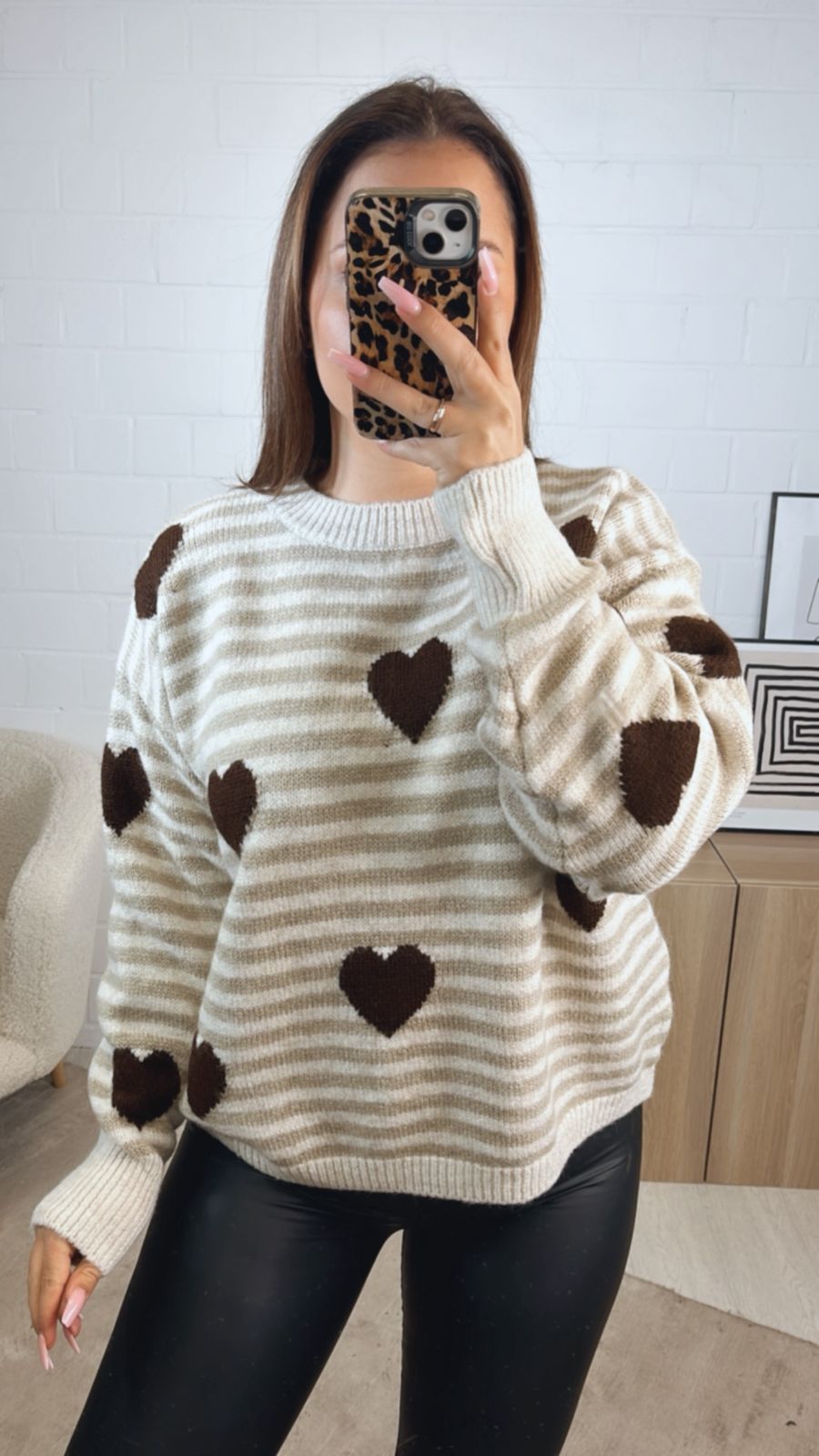 STREIFEN - HERZEN Strick Pullover / beige - schoko braun - creme Art.