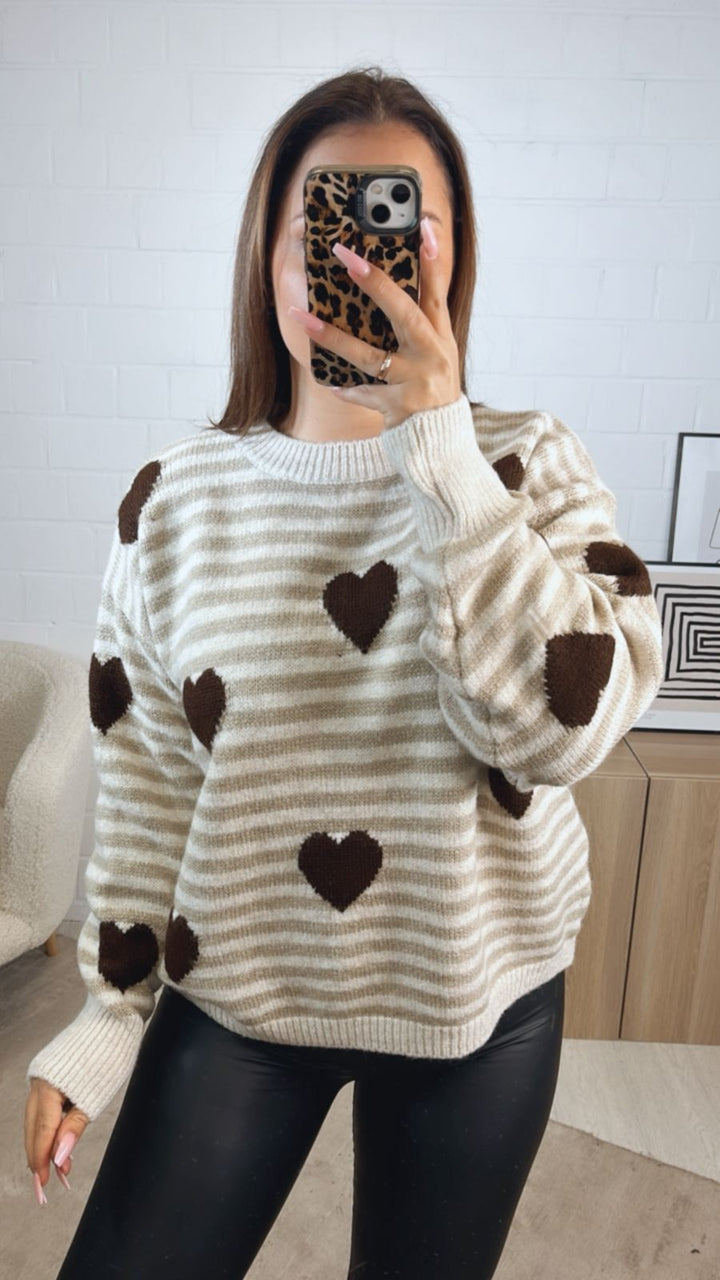 STREIFEN - HERZEN Strick Pullover / beige - schoko braun - creme Art.