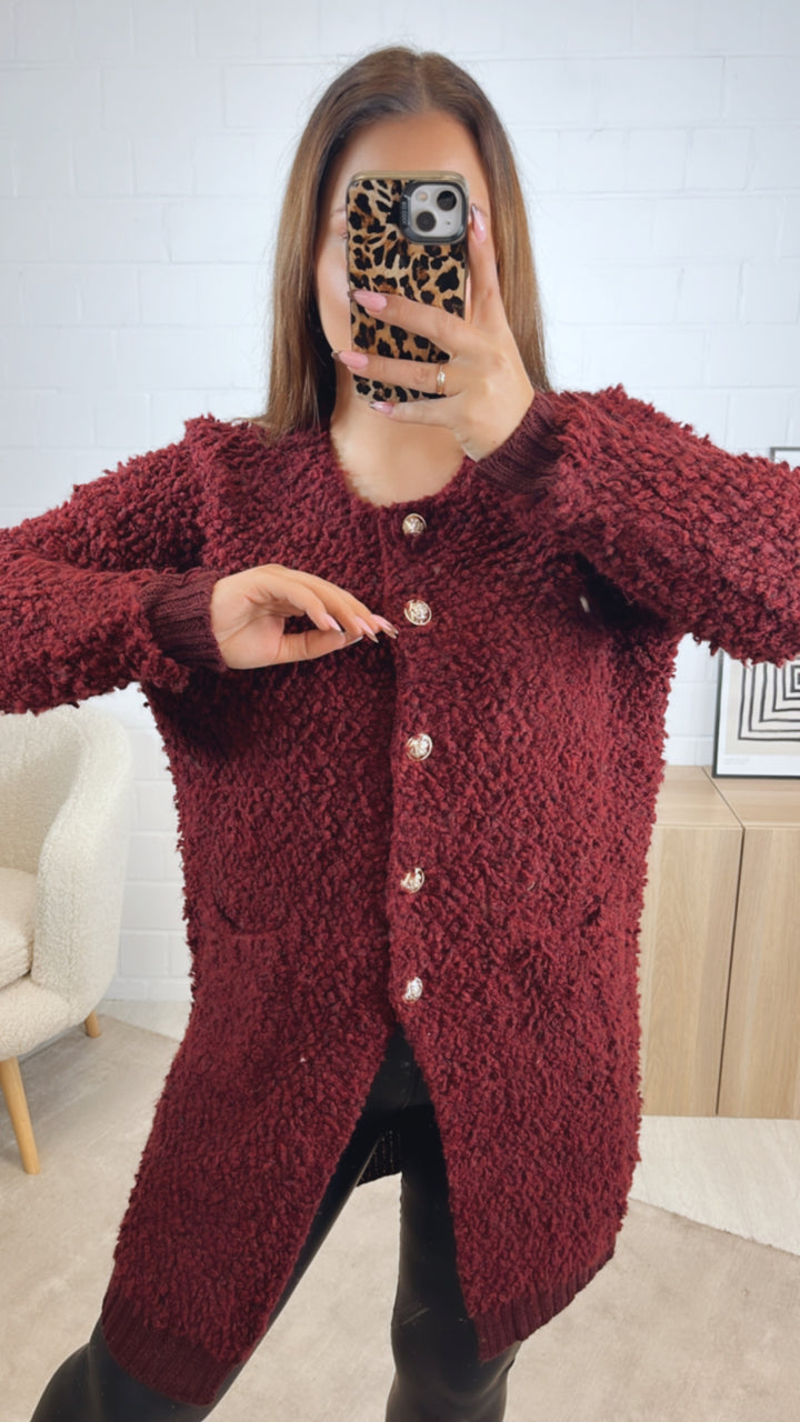 TEDDY langer Cardigan mit gold - silbernen Knöpfen, Taschen / bordeaux rot Art. 12834
