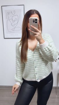 gestreifter Cardigan, Perlmutt Optik Knöpfe / mint - wollweiss Art. 13346