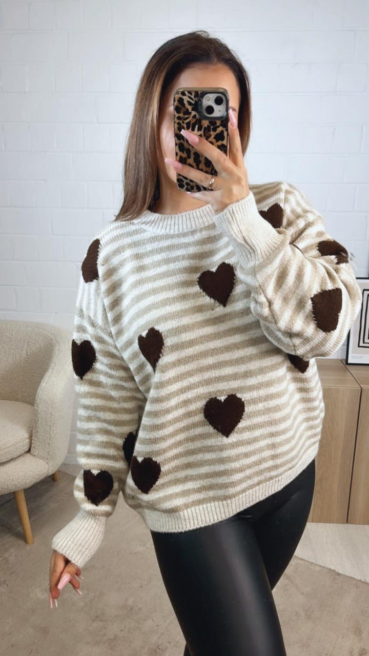 STREIFEN - HERZEN Strick Pullover / beige - schoko braun - creme Art.