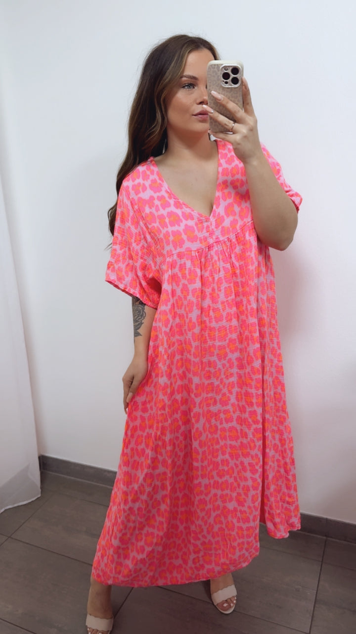 LEO langes Musselin Kleid, kurze Ärmel / rosa - Neon pink - Neon orange Art. 14687