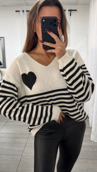 STREIFEN + HERZ Strick Pullover, V-Ausschnitt / creme - schwarz Art. 16585