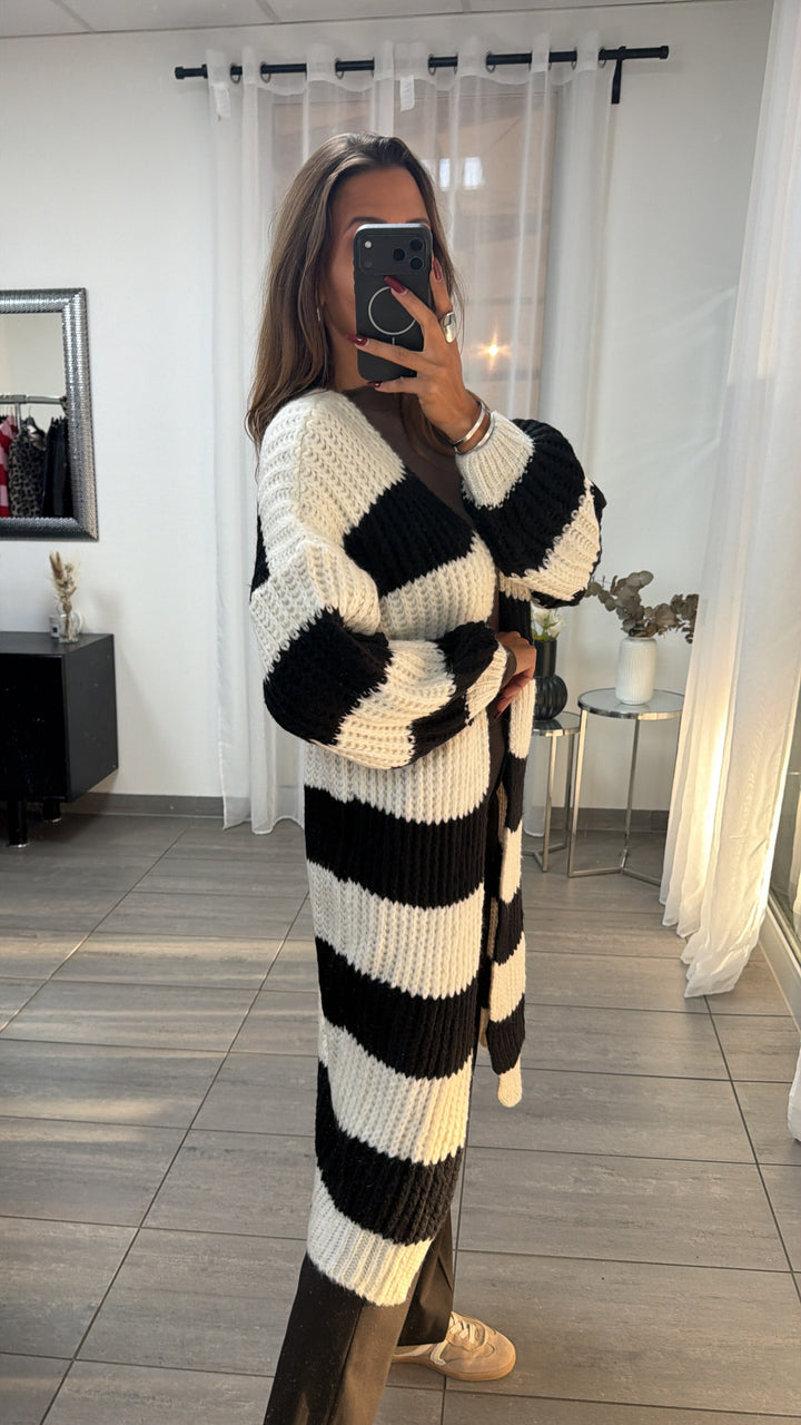 langer Grobstrick Cardigan mit Streifen / schwarz - creme Art. 16525
