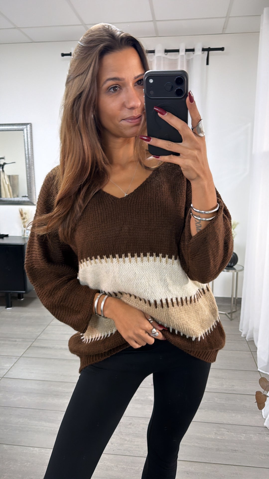 wollfreier BLOCKSTREIFEN oversize Strick Pullover, V-Ausschnitt / braun - beige - weiss Art. 16650
