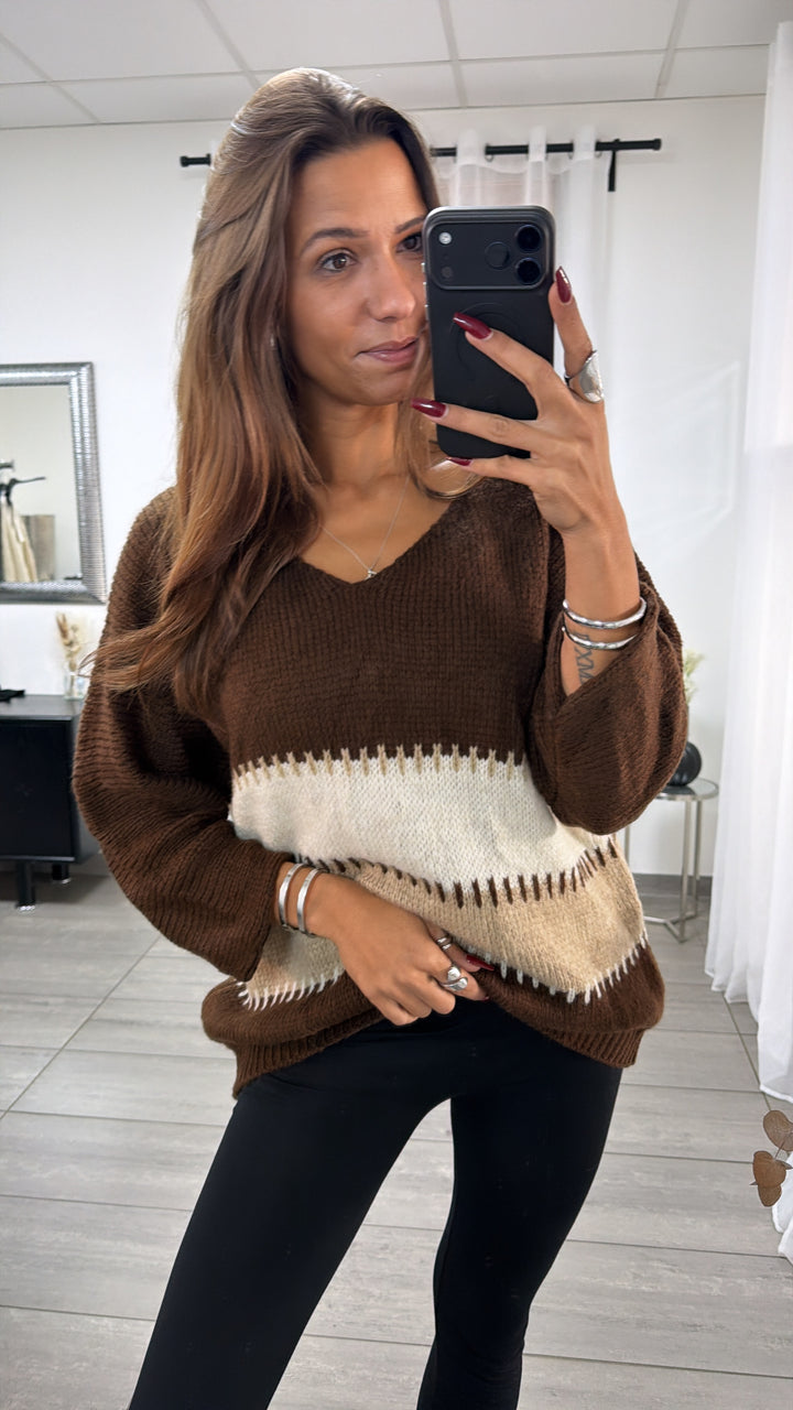 wollfreier BLOCKSTREIFEN oversize Strick Pullover, V-Ausschnitt / braun - beige - weiss Art. 16650