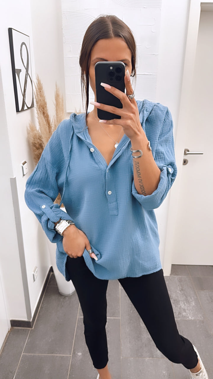 Kapuzen Musselin Bluse / taubenblau Art. 6061