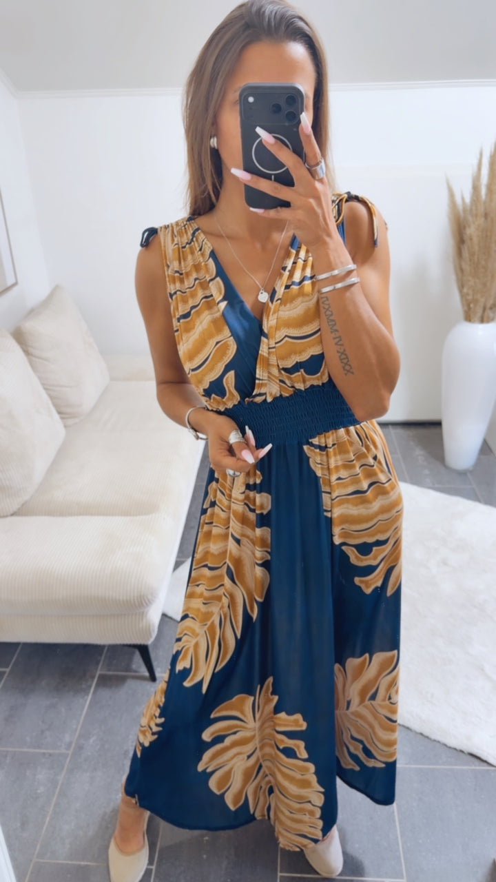 MAXI PALMEN Kleid mit breiten Trägern und geraffter Taille / blau - beige Art.15088