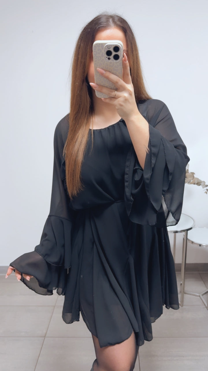 VOLANT besetztes Chiffon Kleid / schwarz Art. 13607