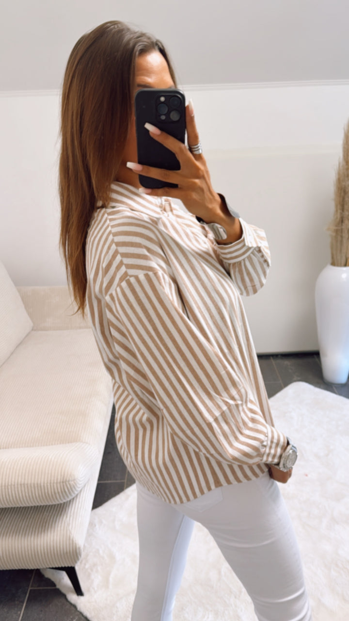 gestreifte Baumwoll Bluse, Leinen Look / beige - weiss Art. 10947