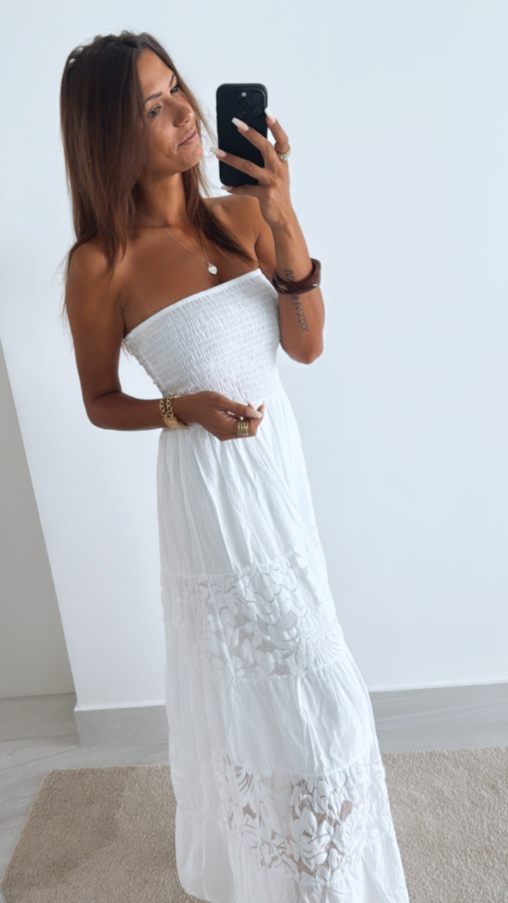 bandeau (Maxi-) Kleid mit Spitzen Streifen / weiss Art. 11024