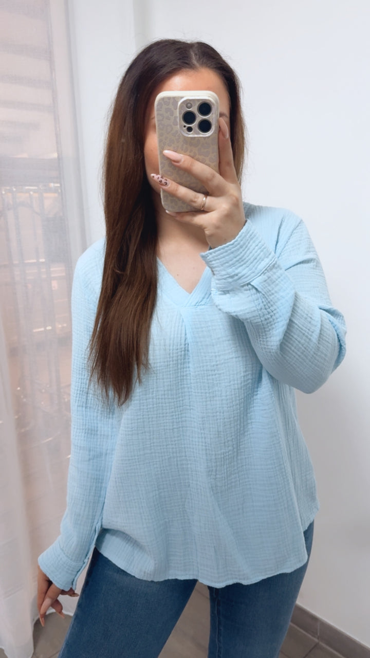 Musselin Bluse ohne Knöpfe / hell blau Art. 14037