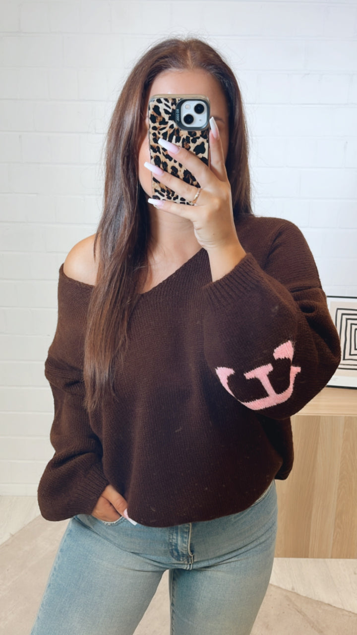 Strick Pullover "Namaste" / dunkel braun - soft pink Art. 11233