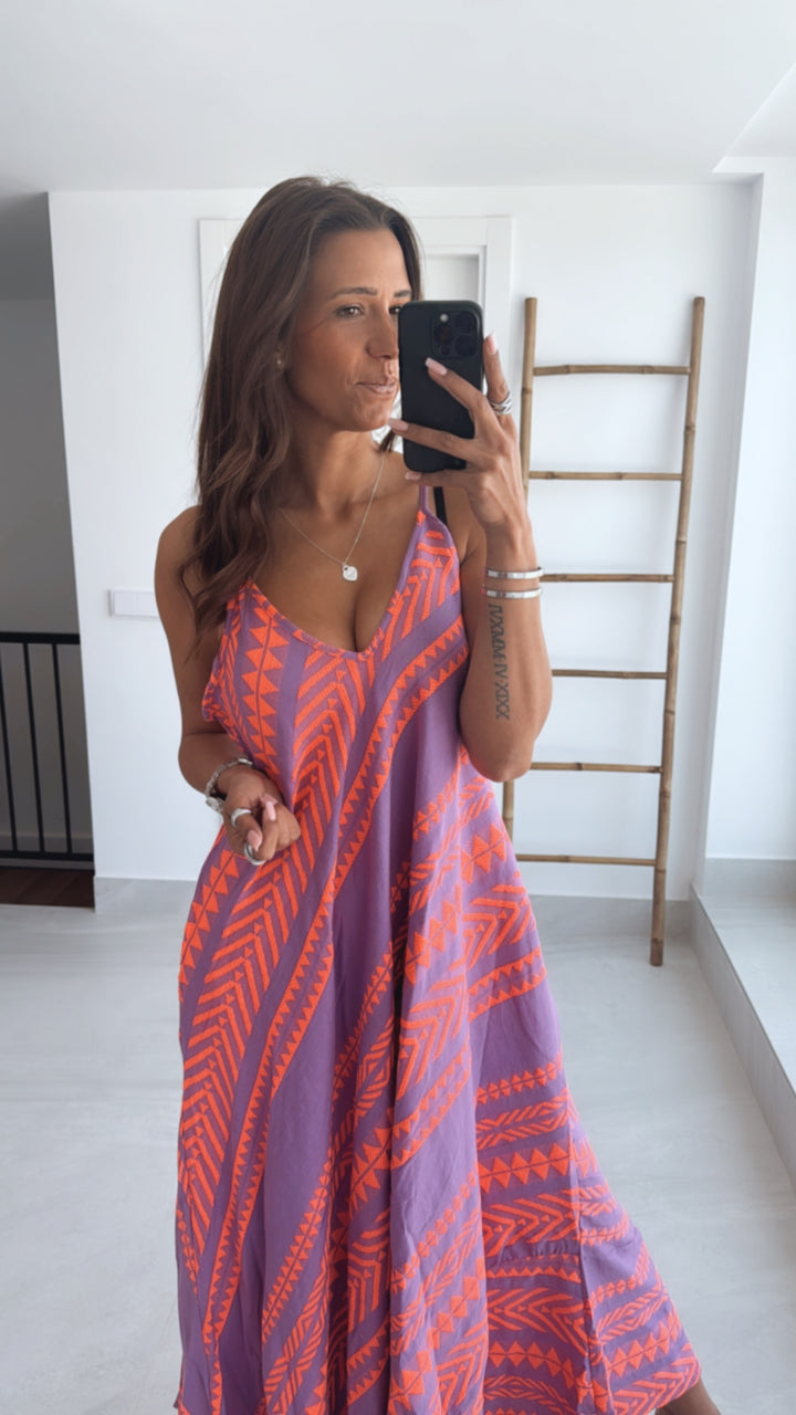 (Maxi-) PREMIUM Summer Vibe Kleid / Hängerchen / lila - neon coral Art. 9575