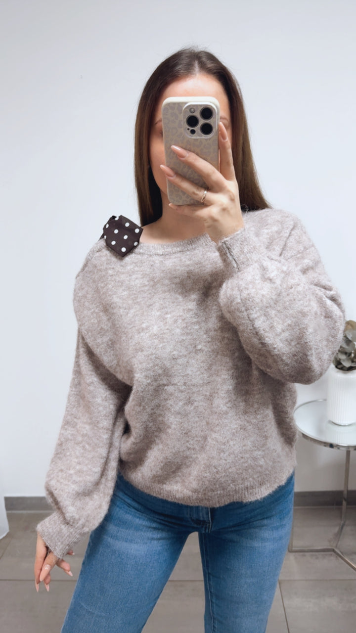 ONE SHOULDER Pullover, Punkte Schleife / taupe - creme meliert Art. 13815