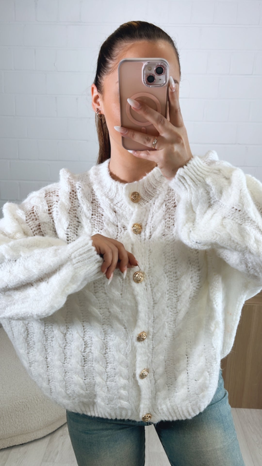 ZOPFMUSTER Strick Cardigan, goldene Knöpfe / weiss Art. 9447