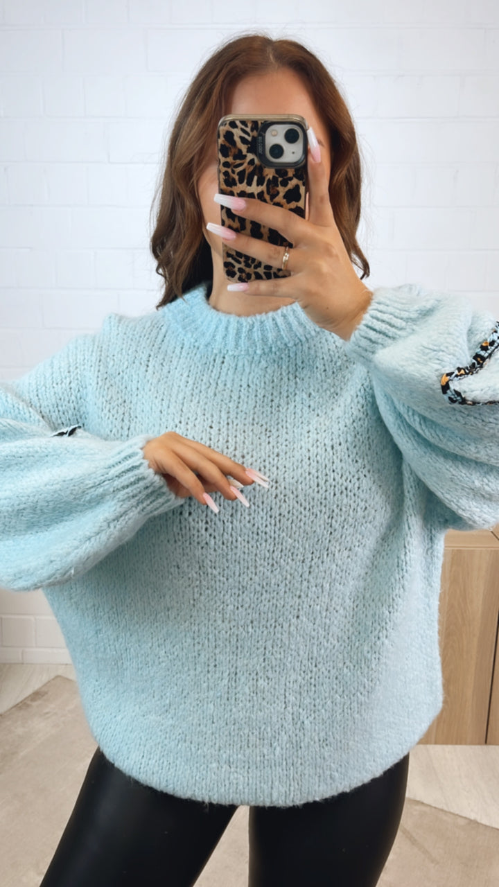 Strick Pullover mit LEO Herz Akzenten / hell blau - aqua Art. 12324