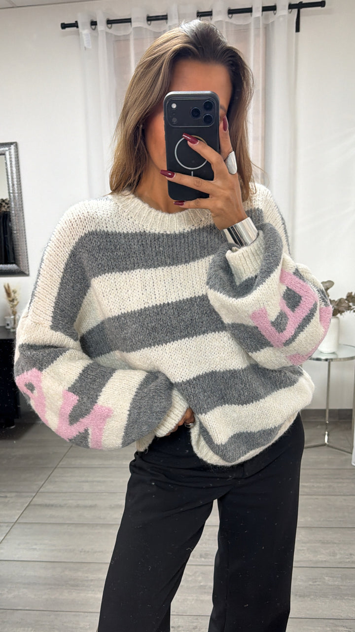 STREIFEN Strick Pullover mit Statement Rückseite / creme - grau - rosa Art. 16497