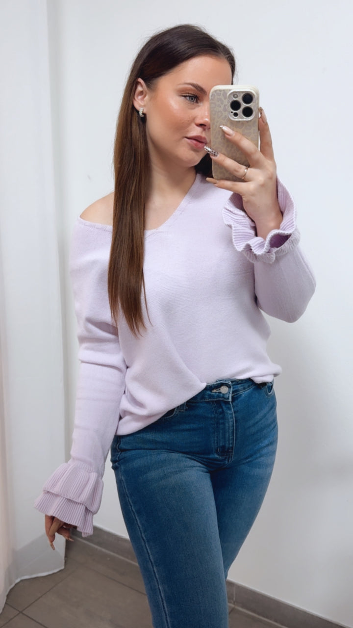 RÜSCHENÄRMEL Leichter Strickpullover mit V-Ausschnitt / soft flieder Art. 14325