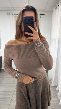 kurzer Strick Pullover mit variablem Schalkragen / taupe Art. 16722