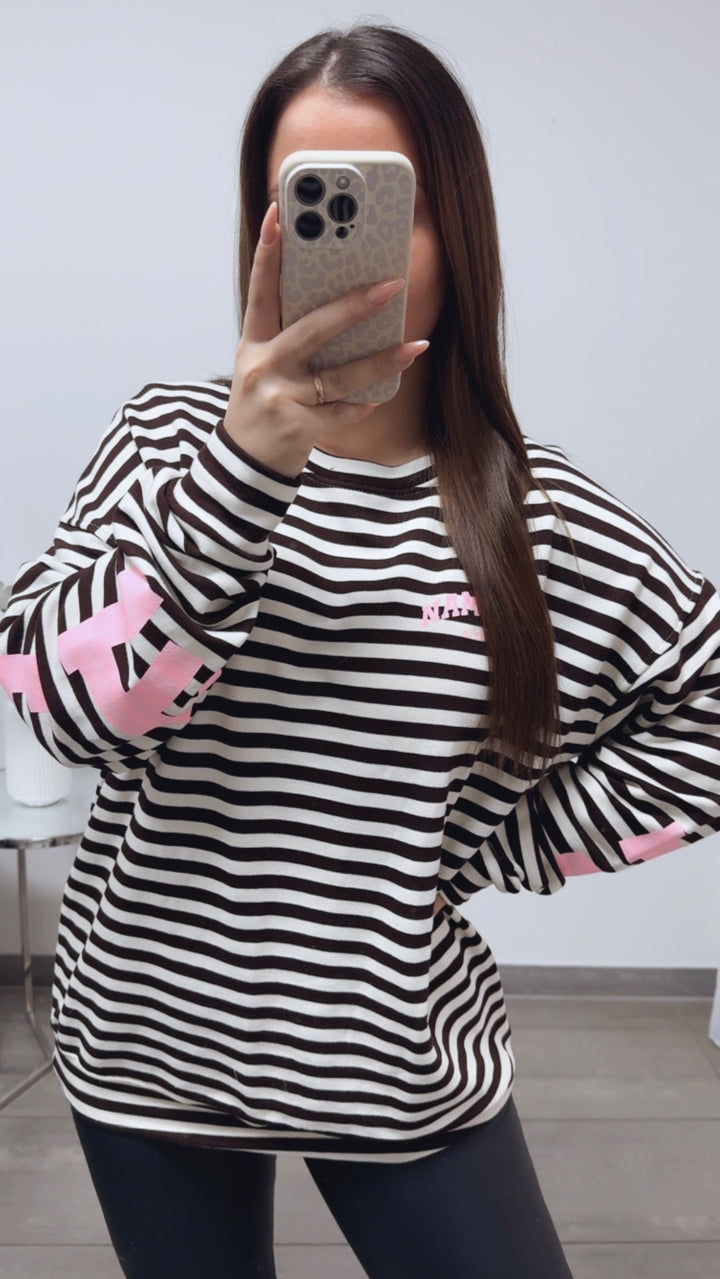 BREITE STREIFEN Pullover " all damn day " / creme - dunkel braun - soft rosa Art. 13707