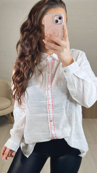 Baumwoll Bluse / farblich abgesetzte Naht / weiss - neon pink Art. 8839