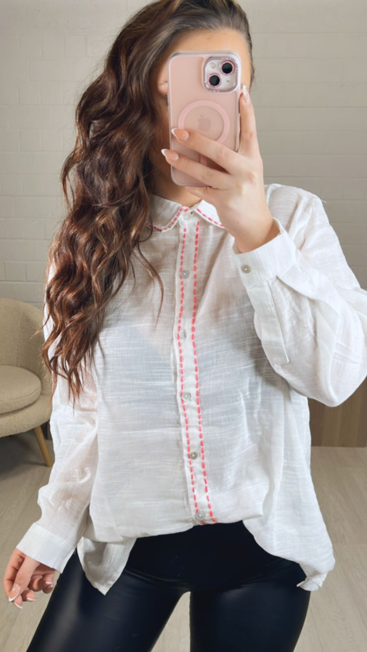 Baumwoll Bluse / farblich abgesetzte Naht / weiss - neon pink Art. 8839
